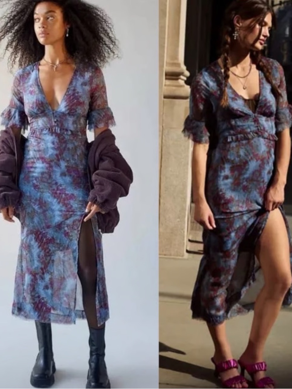BNWT Urban Outfitters Florence Blue and Purple Floral V-Neck Chiffon Midi Dress